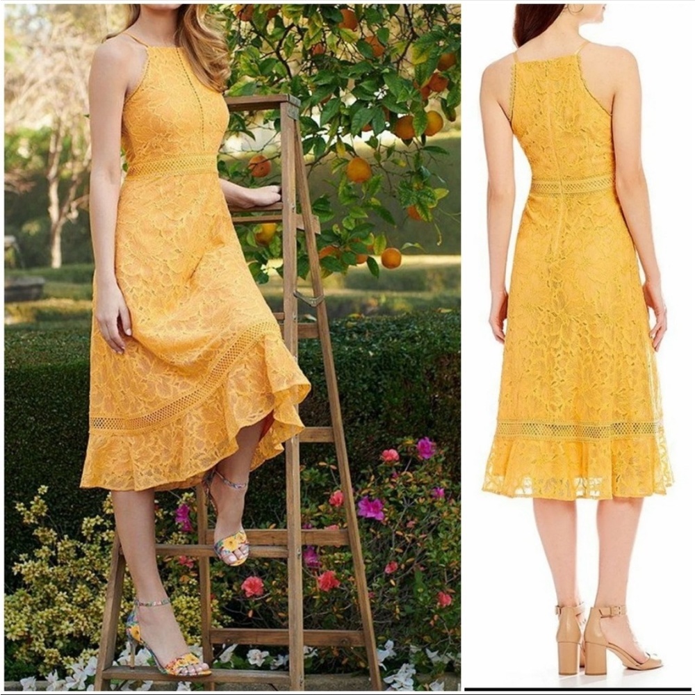 ANTONIO MELANI Yellow Lace Halter Midi Dress